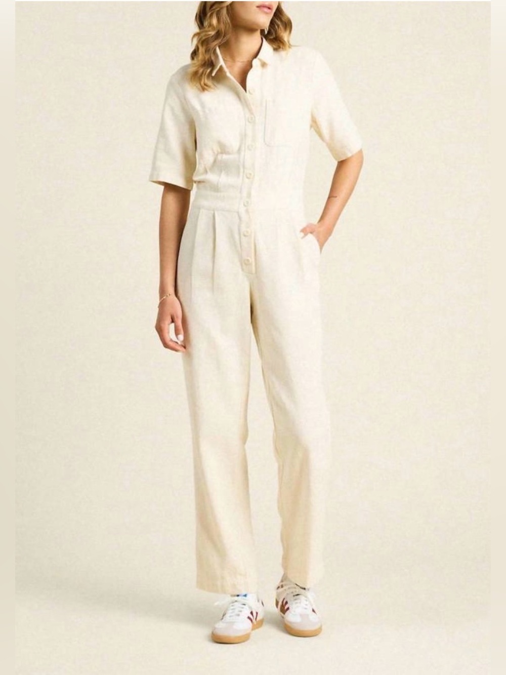 NEW TROVATA Birds of Paradise Audra Short Sleeve Jumpsuit Ivory Large